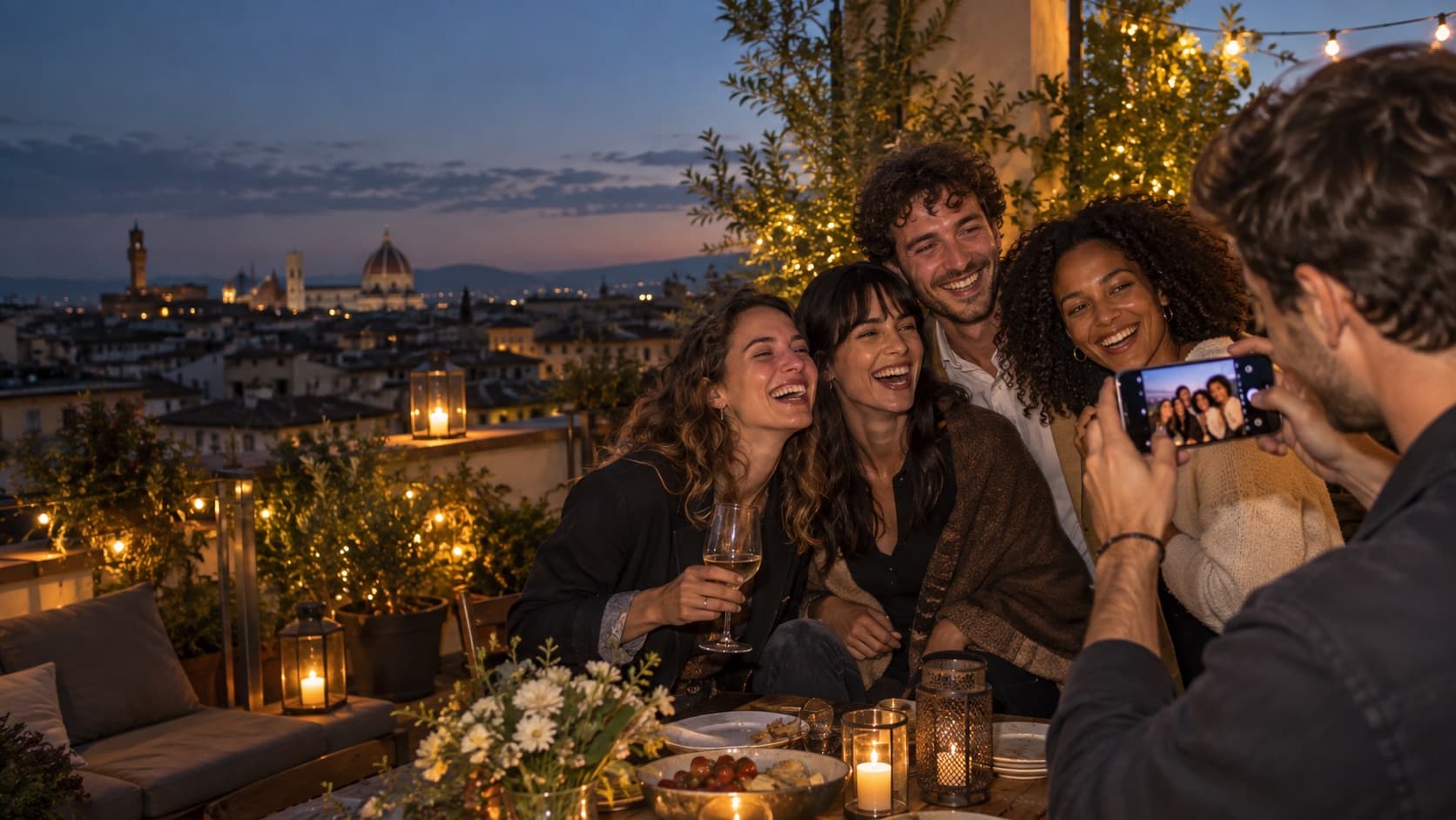 Friends capturing a group photo at an evening rooftop celebration